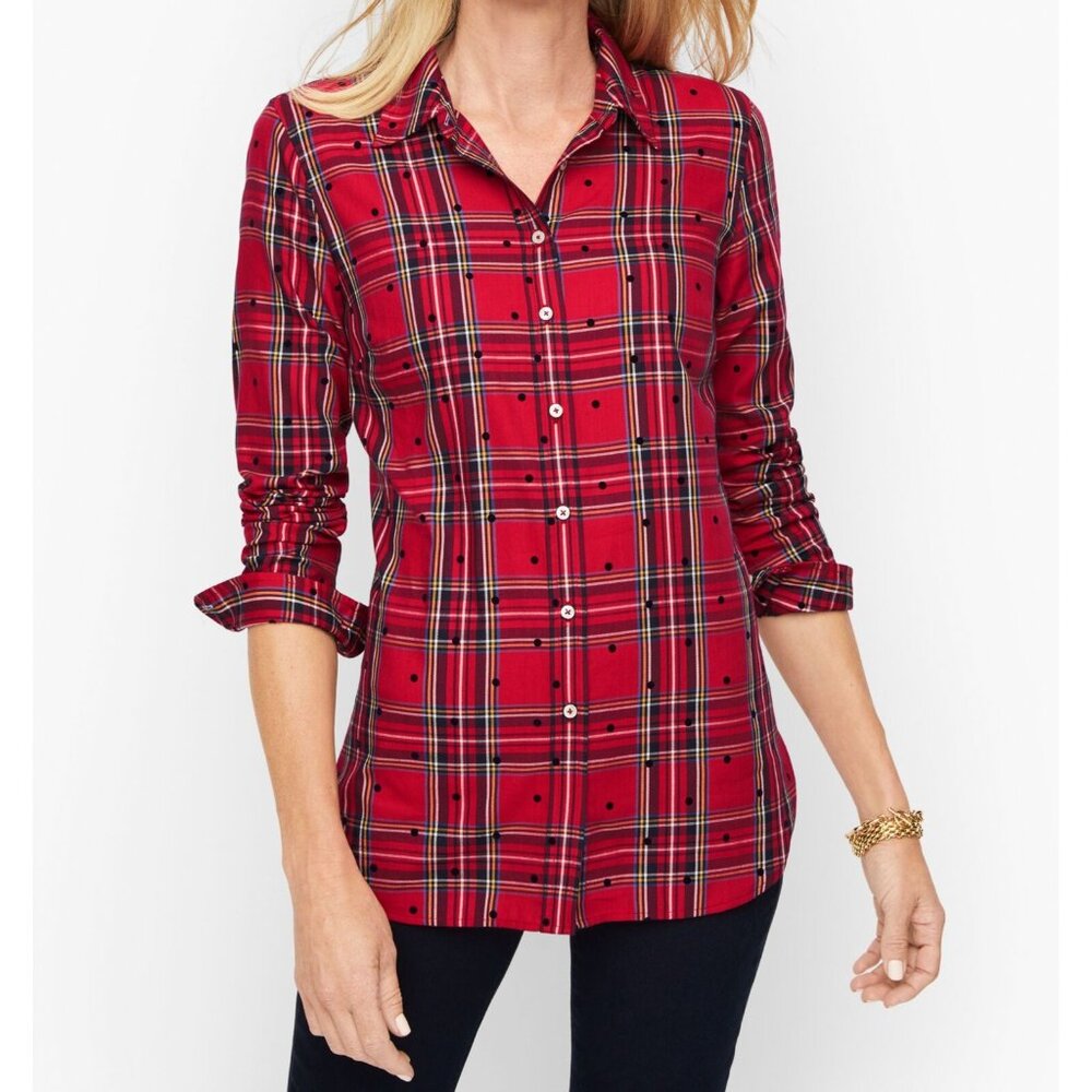 Talbots Cotton Button Front Shirt - Mountain Dot Plaid Long Sleeve Women's MED